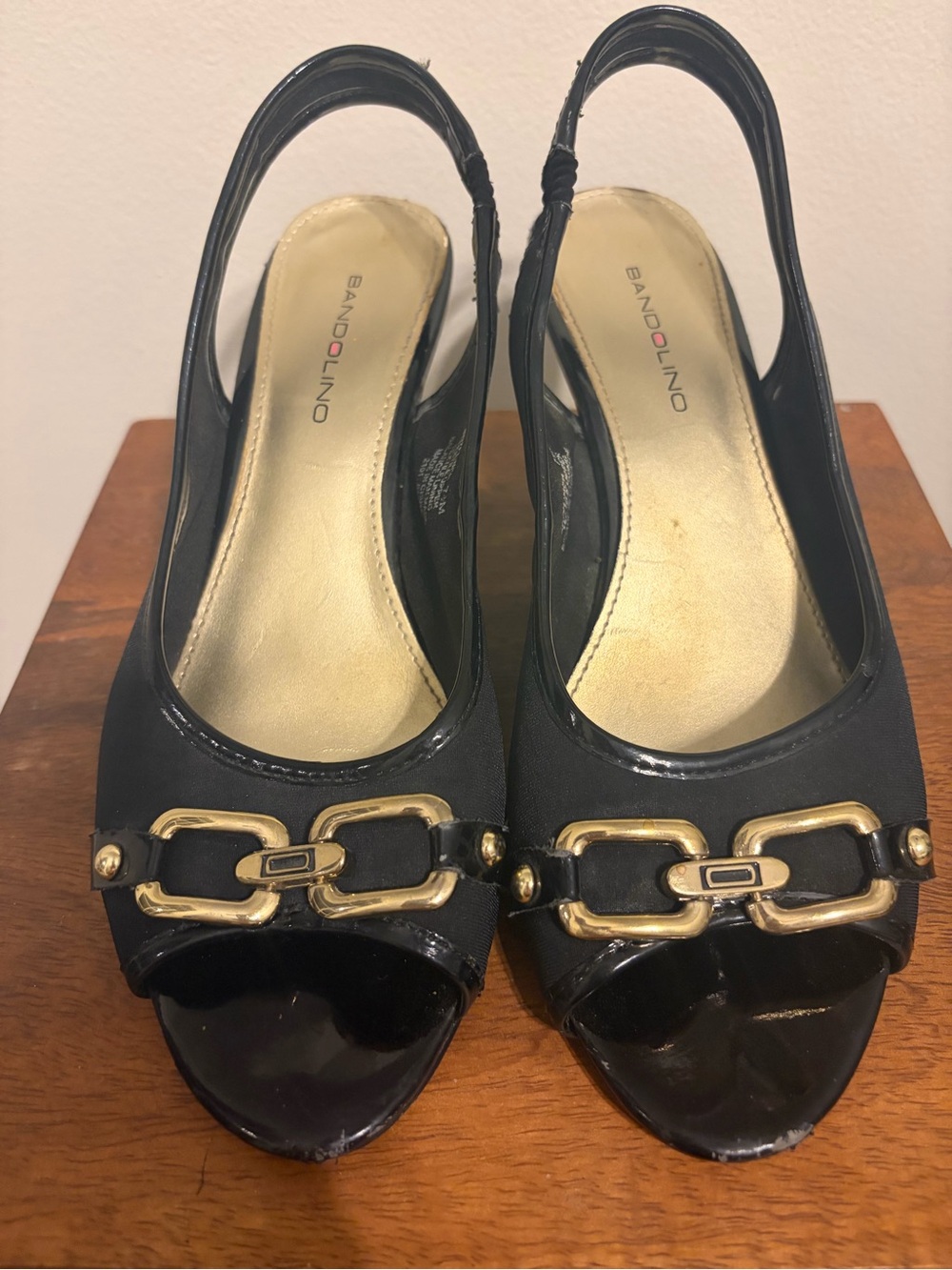 Bandolino Black Slingback Peep-Toe Mules with Gold Chain Accent